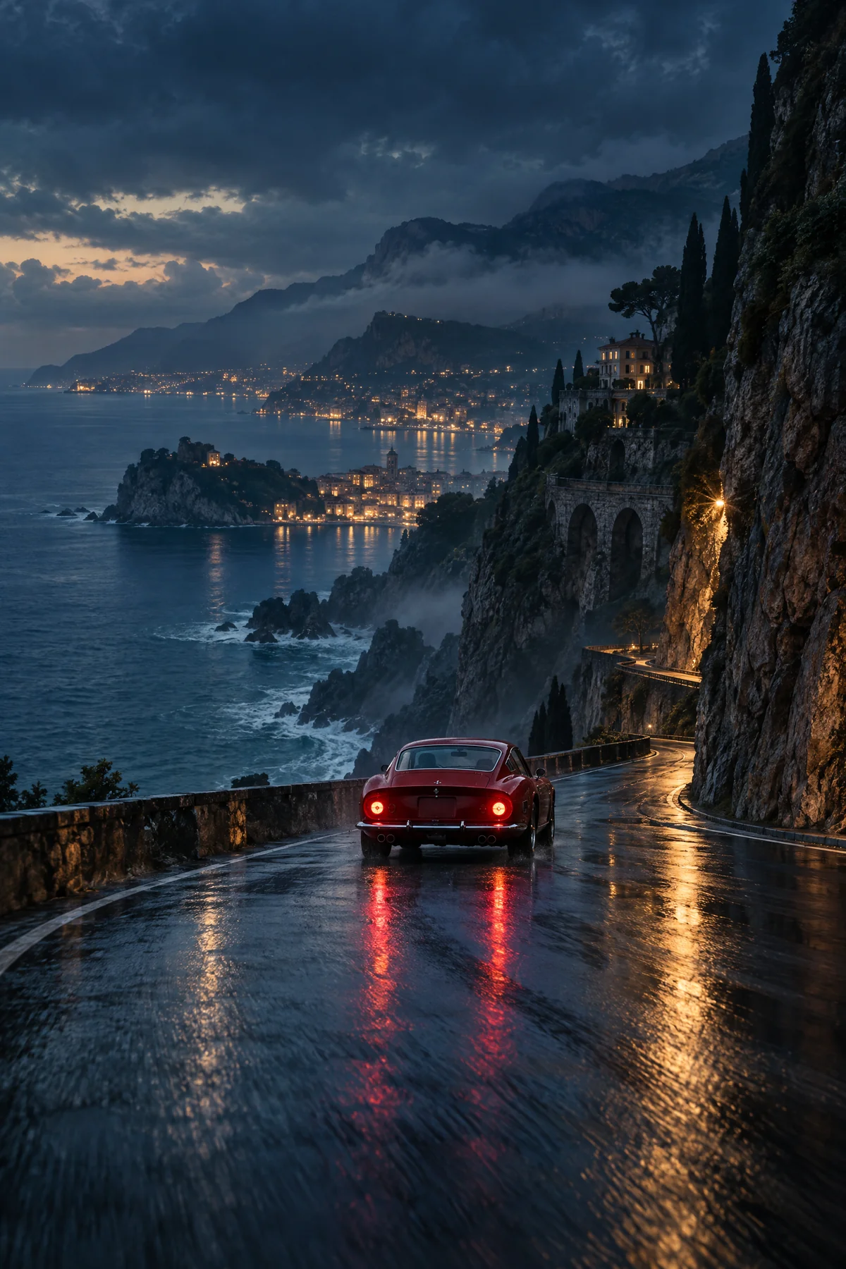 A red sports car on a wet coastal road at dusk