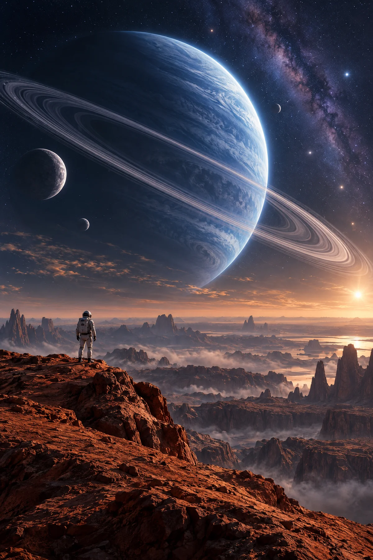 An astronaut facing a ringed planet